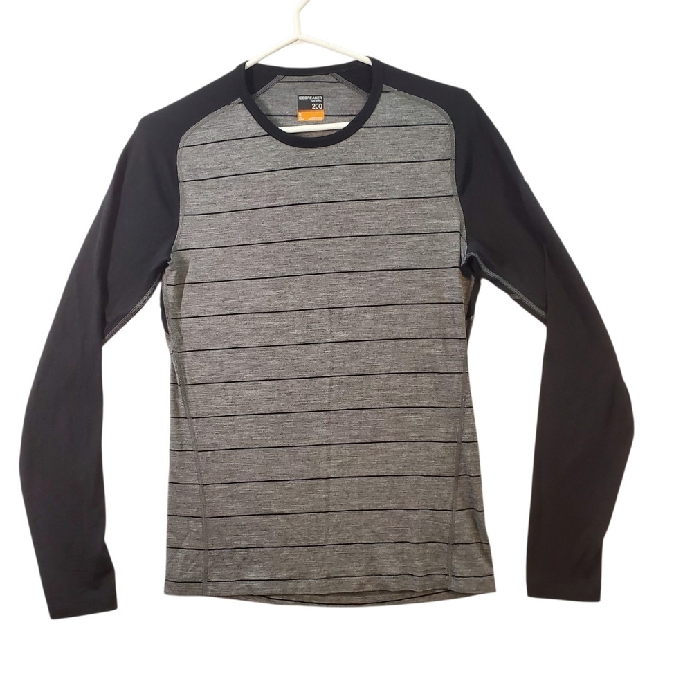 Icebreaker Merino 200 Everyday Long Sleeve Crewe Base Layer Gray Striped Mens S